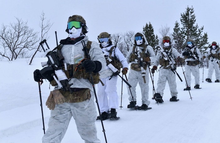 US Air Force Special Tactics operators assigned to the 352nd Special Operations Wing step out for movement during a simulated contact patrol, 5 March 2020, near Banak Air Base, Norway. The special tactics training event included the movement to contact, and hasty ambush-based training scenarios. The 352nd SOW deployed to Norway at the invitation of Norwegian forces in order to enhance war-fighter capabilities in challenging arctic and mountainous terrain within special operations forces and conventional forces and operations.