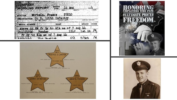 IN THE PHOTO, clockwise from top left, Company Morning Report, containing news of 1st Lt. Ponder's death; illustration by Vance Harris honoring Carper, McIntyre and Ponder; picture of 2nd Lt. John F. McIntyre; and a plaque by Memphis District employees honoring their co-worker's service and sacrifice.
