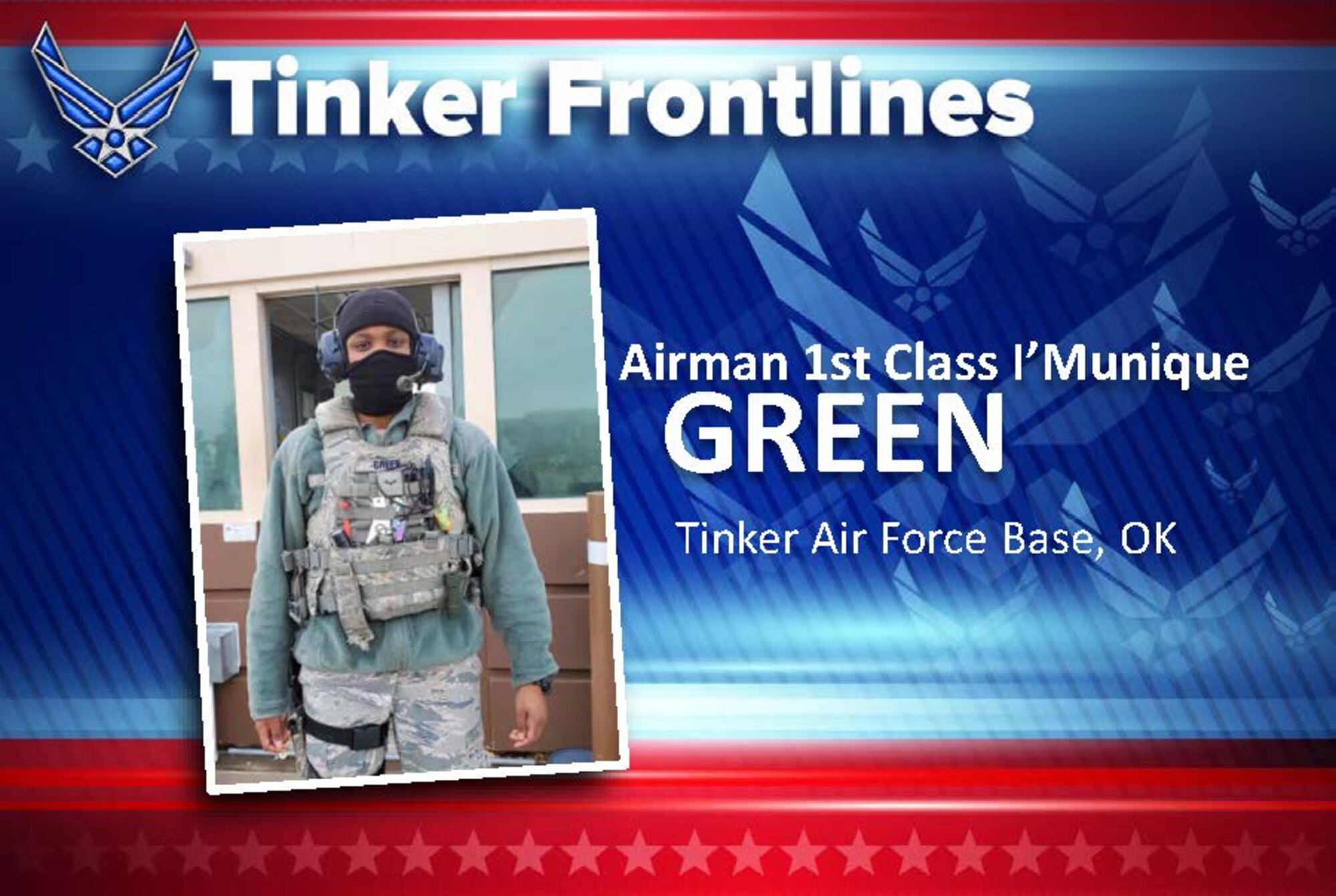 Airman 1st Class I'Munique Green serves as a vehicle search area member with the 72nd Security Forces Squadron.