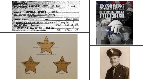 IN THE PHOTO, clockwise from top left, Company Morning Report, containing news of 1st Lt. Ponder's death; illustration by Vance Harris honoring Carper, McIntyre and Ponder; picture of 2nd Lt. John F. McIntyre; and a plaque by Memphis District employees honoring their co-worker's service and sacrifice.