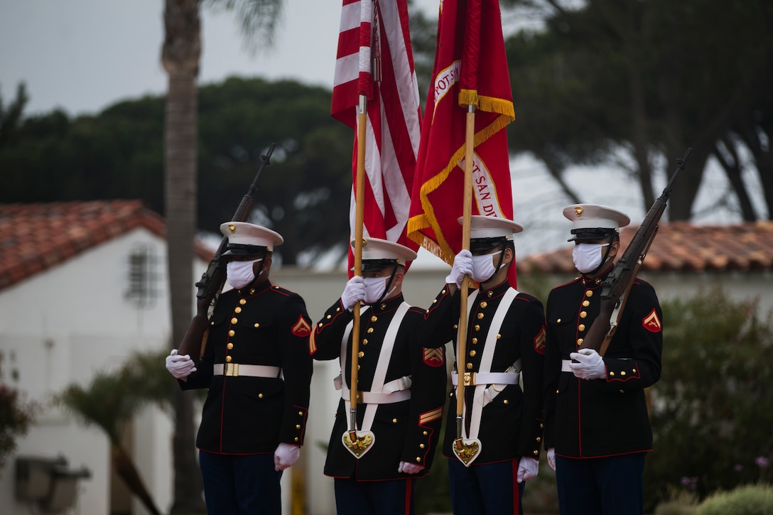 The Marine Corps Recruit Depot, San Diego (MCRDSD) Colorguard, participates in an annual Memorial Day Ceremony at Fort Rosecrans National Cemetery, May 25, 2020. Multiple Military installations around San Diego contributed to the ceremony, in order to properly honor all fallen service members. (U.S. Marine Corps photo by Lance Cpl. Emely D. Gonzalez)
