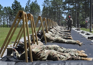 Airmen lay on ground firing weapons