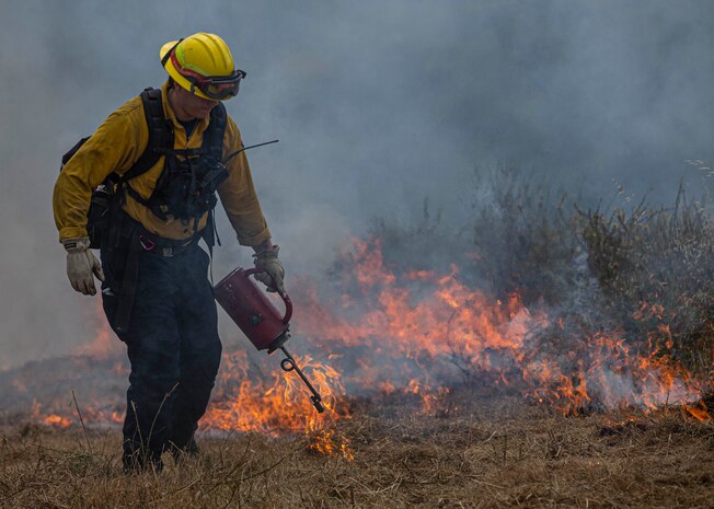 A firefighter feeds a prescribed burn in the Juliet Training Area on Marine Corps Base Camp Pendleton, Calif., May 23.