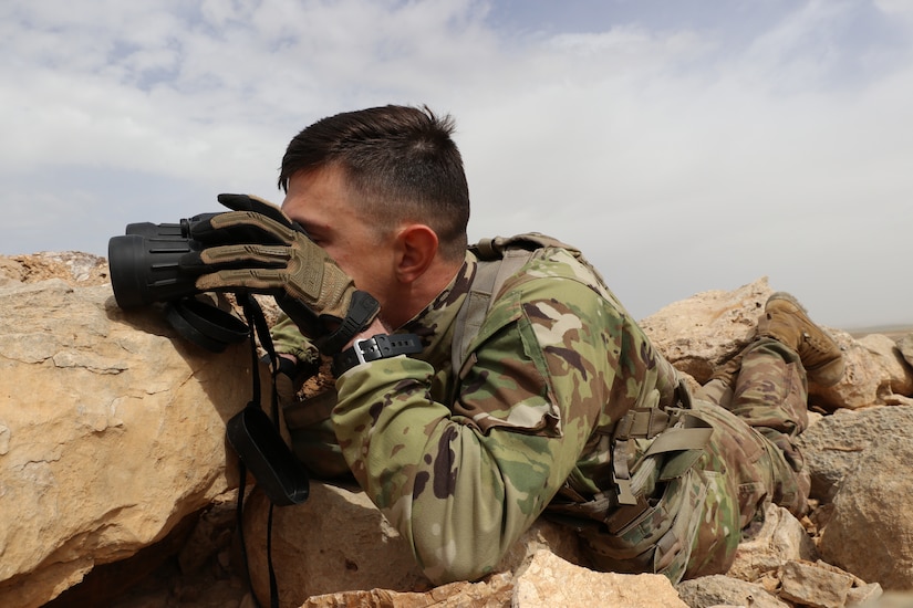 A U.S. Army Soldier with the 1st Squadron, 303rd Cavalry Regiment, Washington Army National Guard, conducts reconnaissance training while mobilized in support of the Jordan Operational Engagement Program (JOEP). The U.S. Army is in Jordan to partner closely with the Jordan Armed Forces in meeting common security challenges. Jordan is one of the United States' closest allies in the region.