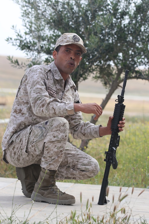 A Jordan Armed Forces Soldier delivers M4 preliminary marksmanship instruction during the Instructor Trainer Course (ITC) as part of the Jordan Operational Engagement Program (JOEP) training cycle with the U.S. Army. The U.S. Army is in Jordan to partner closely with the Jordan Armed Forces in meeting common security challenges. Jordan is one of the United States' closest allies in the region.