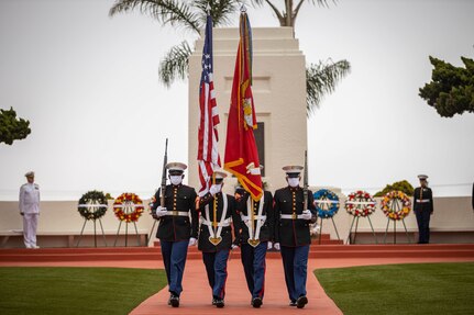 The Marine Corps Recruit Depot, San Diego Color guard participates in an annual Memorial Day Ceremony at Fort Rosecrans National Cemetery, May 25.