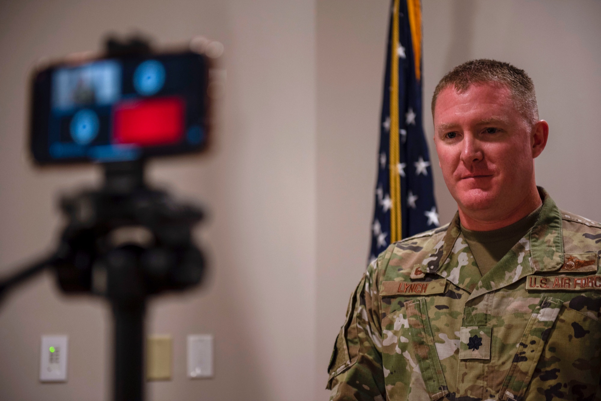 U.S. Air Force Lt. Col. Michael Lynch, 337th Air Control Squadron, commander, during a virtual ceremony held at the 337th ACS Air Battle Manager schoolhouse at Tyndall Air Force Base, Florida, May 26, 2020. The ceremony was held to honor the naming and dedication of Building 1285. (U.S. Air Force photo by Staff Sgt. Magen M. Reeves)