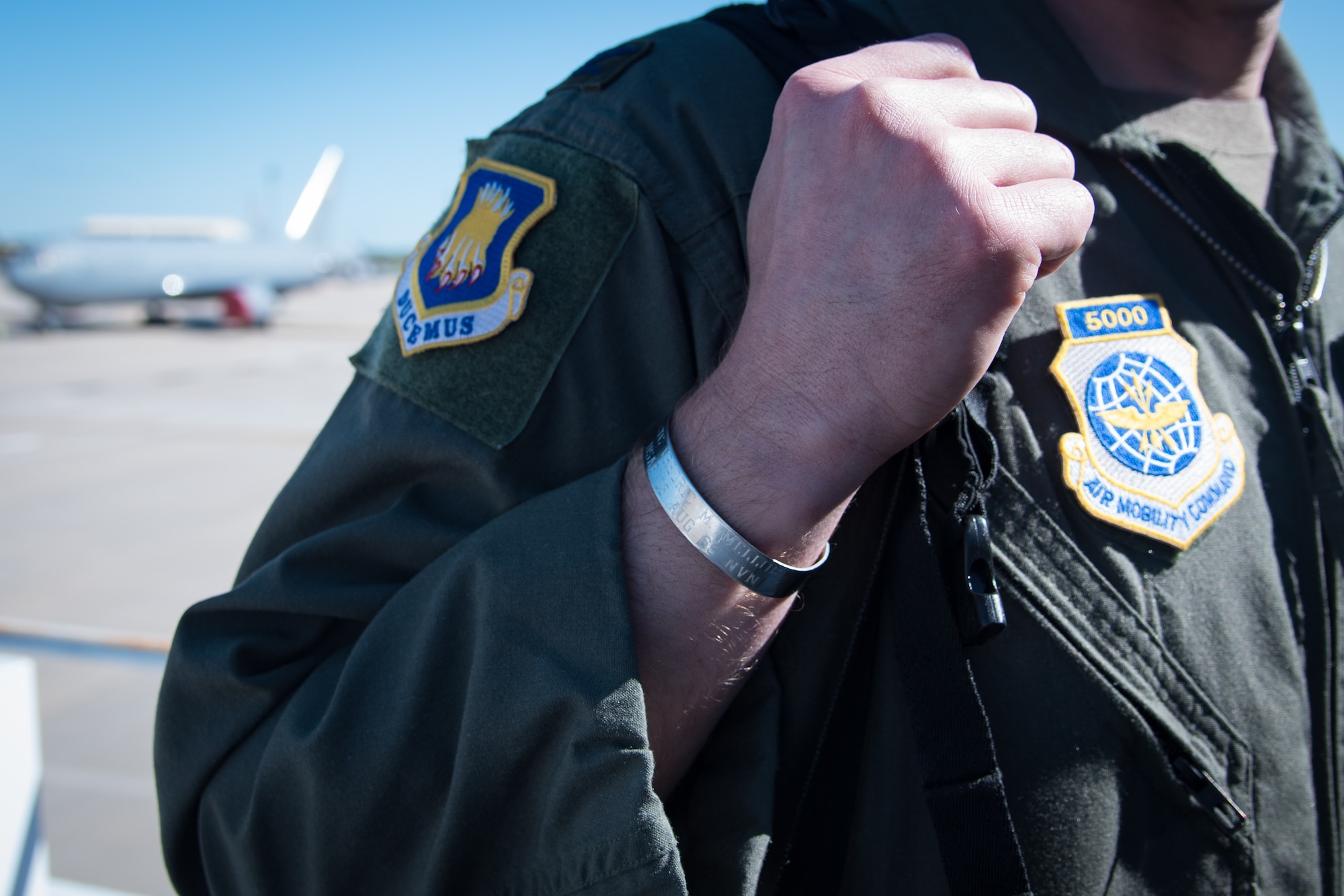 Col. Mark Baran, 22nd Air Refueling Wing vice commander, boards a KC-46 Pegasus before flight May 19, 2020 at McConnell Air Force Base, Kansas. Throughout Baran’s career he has worn the memorial bracelet for luck. He honors Lt. Col. Fredric M. Mellory, Missing in Action Vietnam pilot, and plans to send the bracelet to Mellory’s family when he hangs up his flight suit. (U.S. Air Force photo by Senior Airman Michaela Slanchik)