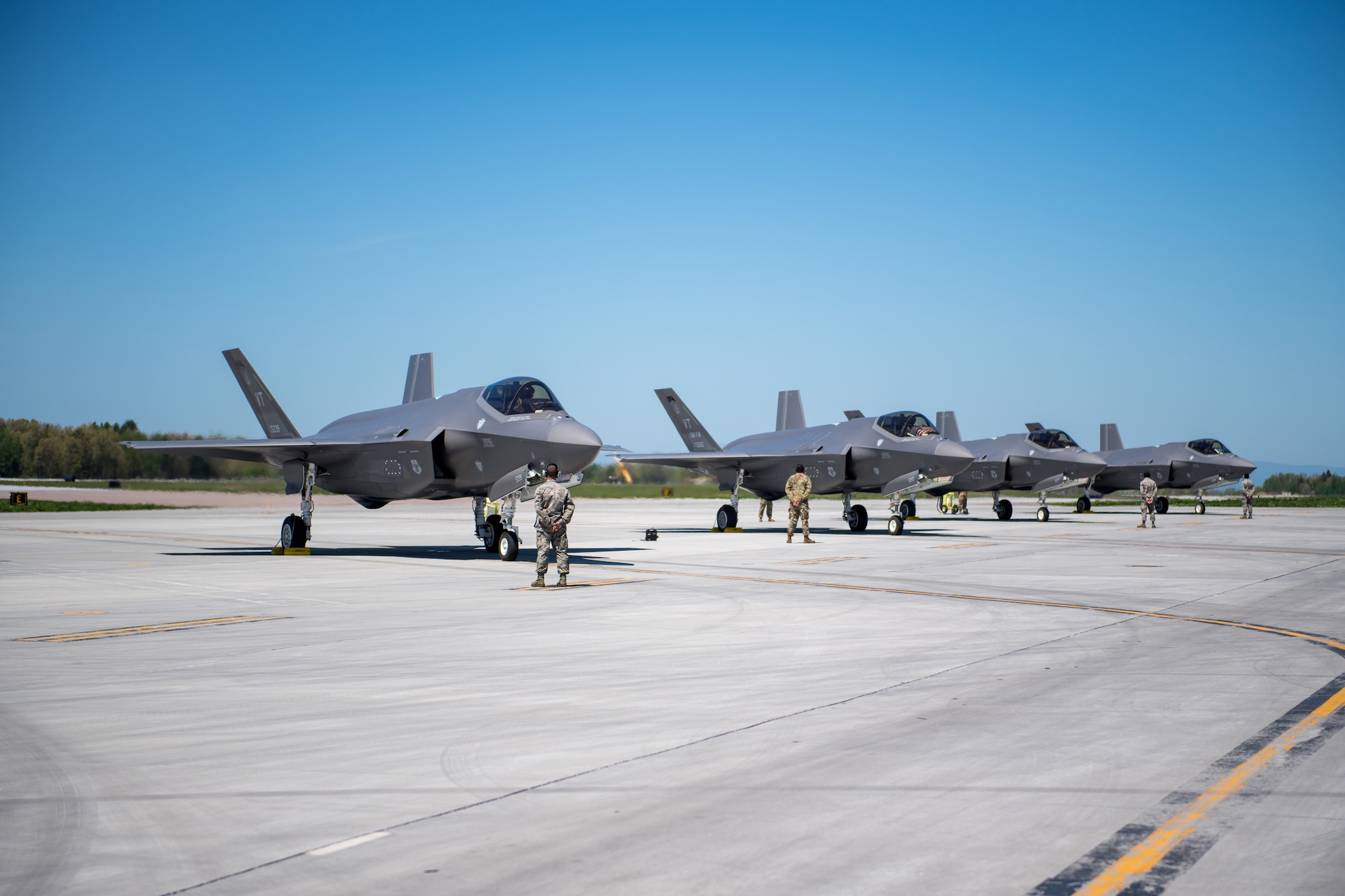 Four F-35s assigned to the 158th Fighter Wing prepare for launch from the Vermont Air National Guard Base, honoring Vermont’s front line COVID-19 responders and essential workers with a statewide flyover.