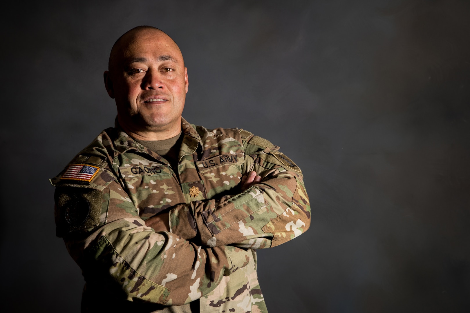 Missouri National Guard Maj. McClellan (Mac) Gaono-Taiese, mobilization plans officer, poses for a studio portrait May 13, 2020, at Ike Skelton Training Site, Jefferson City, Missouri.