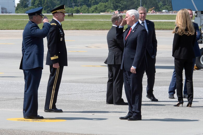 Col. Craig McPike, 94th Airlift Wing commander, salutes Vice President Michael Pence, as the vice president makes his way off Air Force Two and into  a vehicle in the motorcade at Dobbins Air Reserve Base, Ga. on May 22, 2020. Air Force Two landed here around noon, where the vice president was greeted by Georgia Governor Brian Kemp and his wife, Marty; Reps. Doug Collins, Barry Loudermilk and Drew Ferguson; Maj. Gen. Thomas Carden, The Adjutant General of the Georgia Department of Defense; and Col. Craig McPike, 94th Airlift Wing commander. (U.S. Air Force photo/Andrew Park)