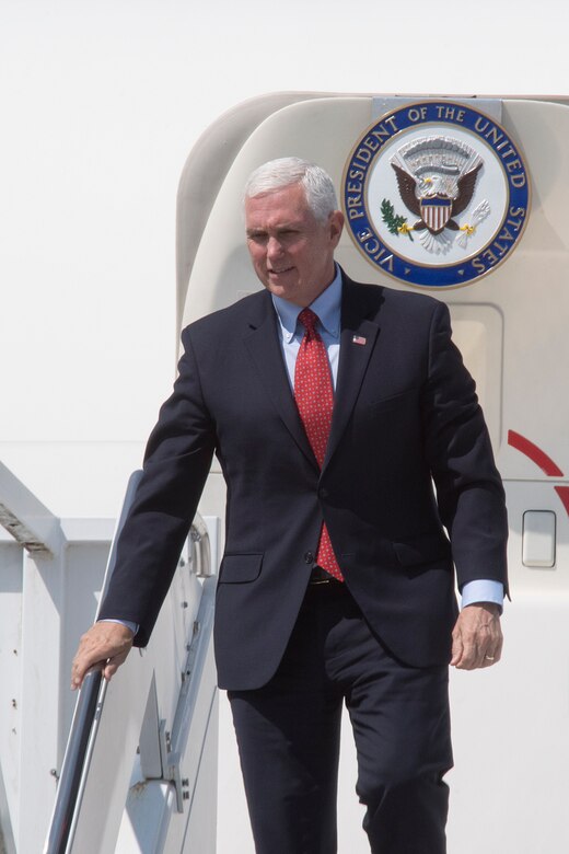 Vice President Michael Pence disembarks Air Force Two at Dobbins Air Reserve Base, Ga. on May 22, 2020. Air Force Two landed here around noon, where the vice president was greeted by Georgia Governor Brian Kemp and his wife, Marty; Reps. Doug Collins, Barry Loudermilk and Drew Ferguson; Maj. Gen. Thomas Carden, The Adjutant General of the Georgia Department of Defense; and Col. Craig McPike, 94th Airlift Wing commander. (U.S. Air Force photo/Andrew Park)