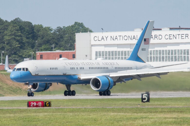 Air Force Two lands at Dobbins Air Reserve Base, Ga. on May 22, 2020. Vice President Mike Pence stopped briefly at Dobbins before heading to a series of meetings in metro Atlanta. (U.S. Air Force photo/Andrew Park)