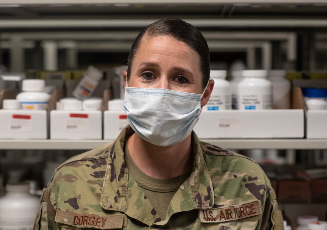 U.S. Air Force Tech Sgt. Amanda Dorsey, 36th Medical Support Squadron NCO in charge of pharmacy supply, poses for a portrait at Andersen Air Force Base, Guam, May 16, 2020.