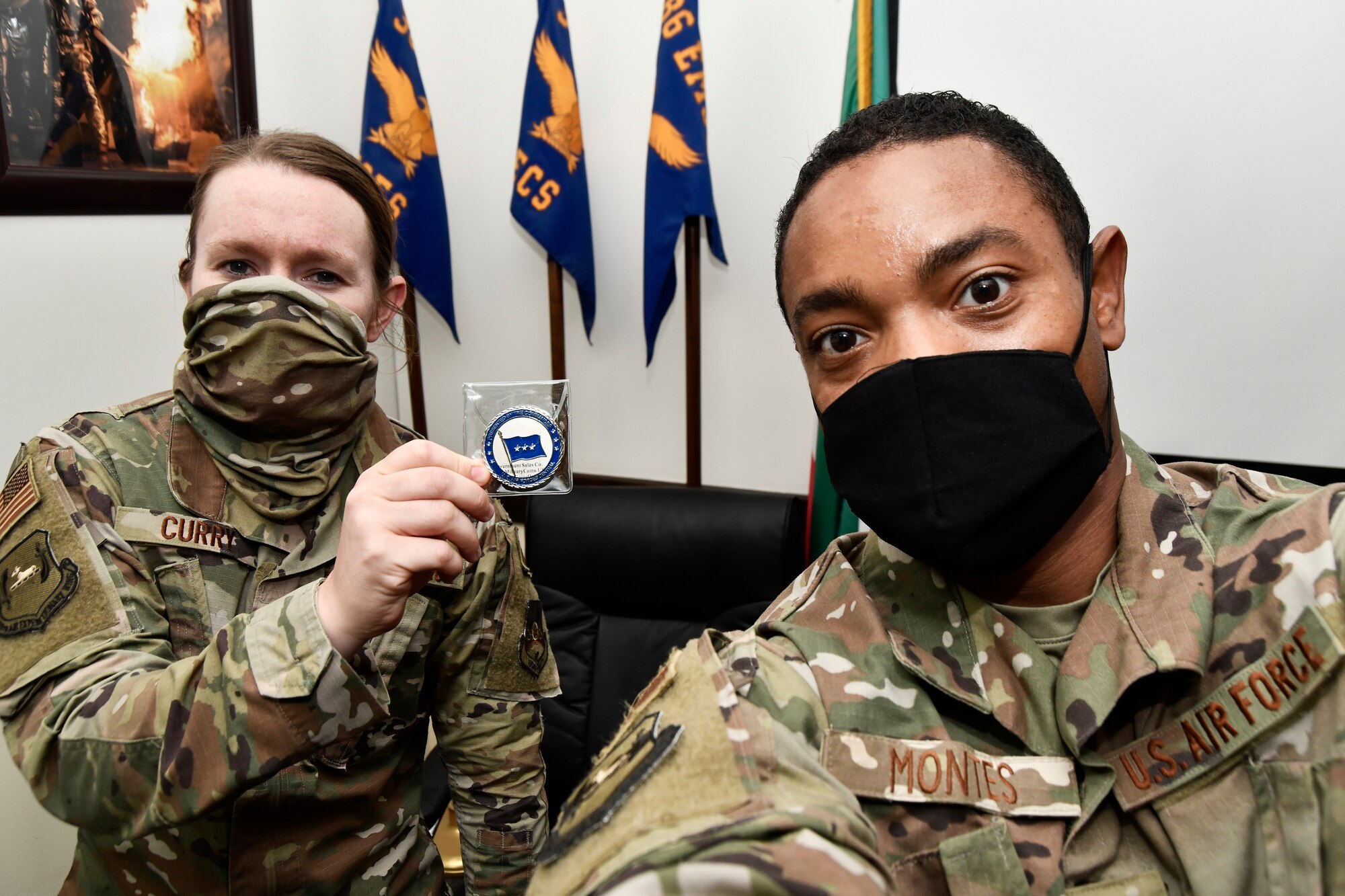 U.S. Air Force Airmen assigned to the 386th Air Expeditionary Wing receive recognition from U.S. Air Force Lt. Gen Joseph Guastella, commander of U.S Air Forces Central Command, at an Ali Al Salem Air Base, Kuwait, May 8, 2020.