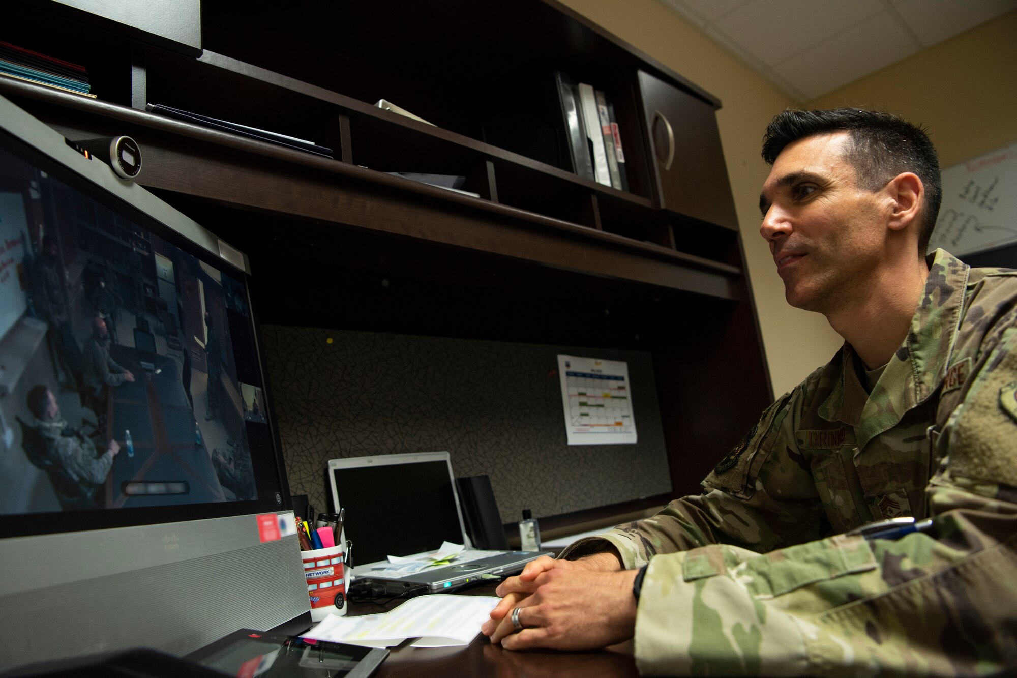 U.S. Air Force Chief Master Sgt. Shawn Drinkard, command chief master sergeant of U.S. Air Forces Central Command, conducts a virtual troop engagement with Airmen deployed to the 386th Air Expeditionary Wing, Ali Al Salem Air Base, Kuwait, at Al Udeid AB, Qatar, May. 8, 2020.