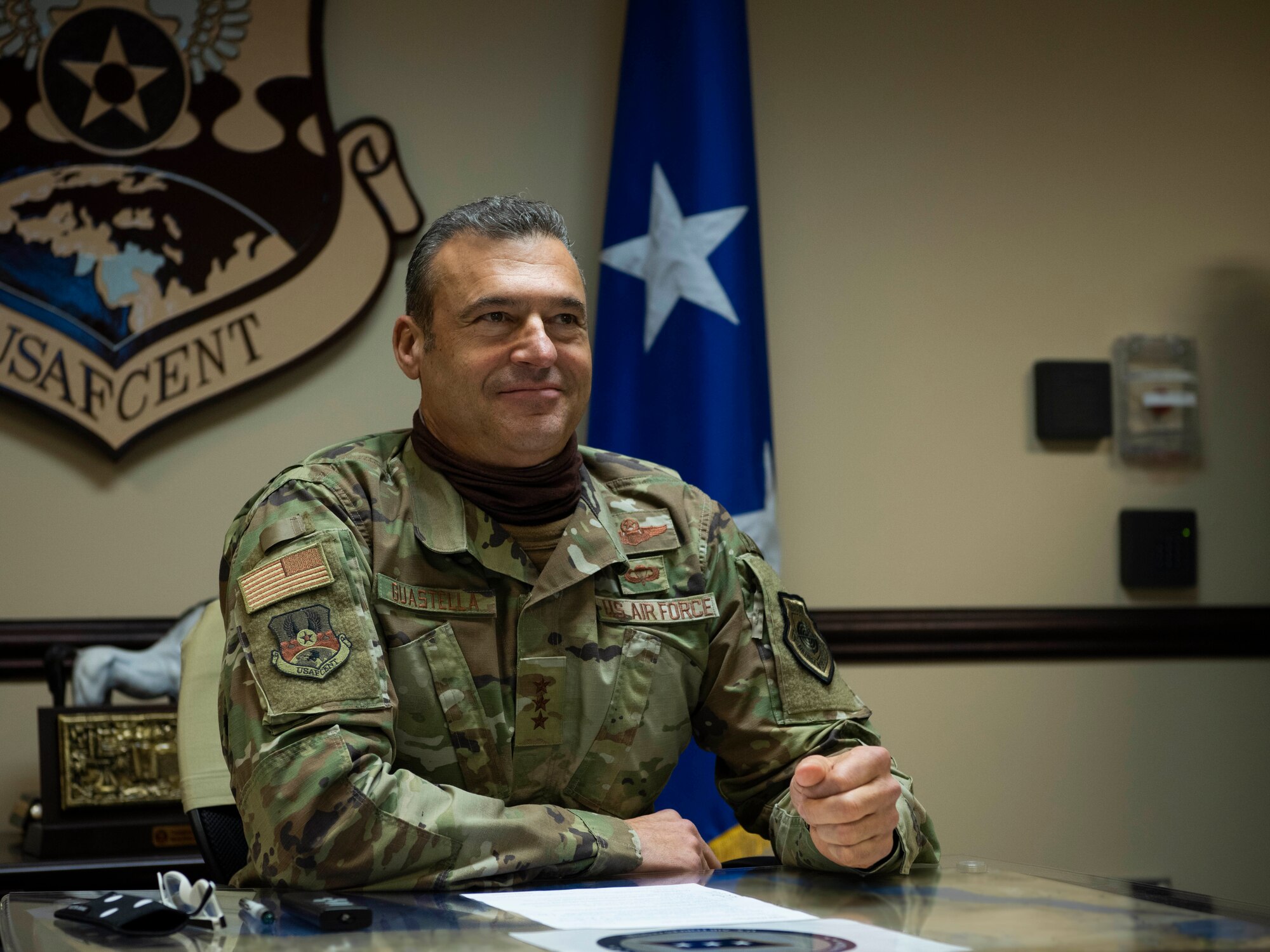 U.S. Air Force Lt. Gen. Joseph Guastella, commander of U.S. Air Forces Central Command, conducts a virtual troop engagement with Airmen deployed to the 332nd Air Expeditionary Wing, at Al Udeid Air Base, Qatar, May 14, 2020.