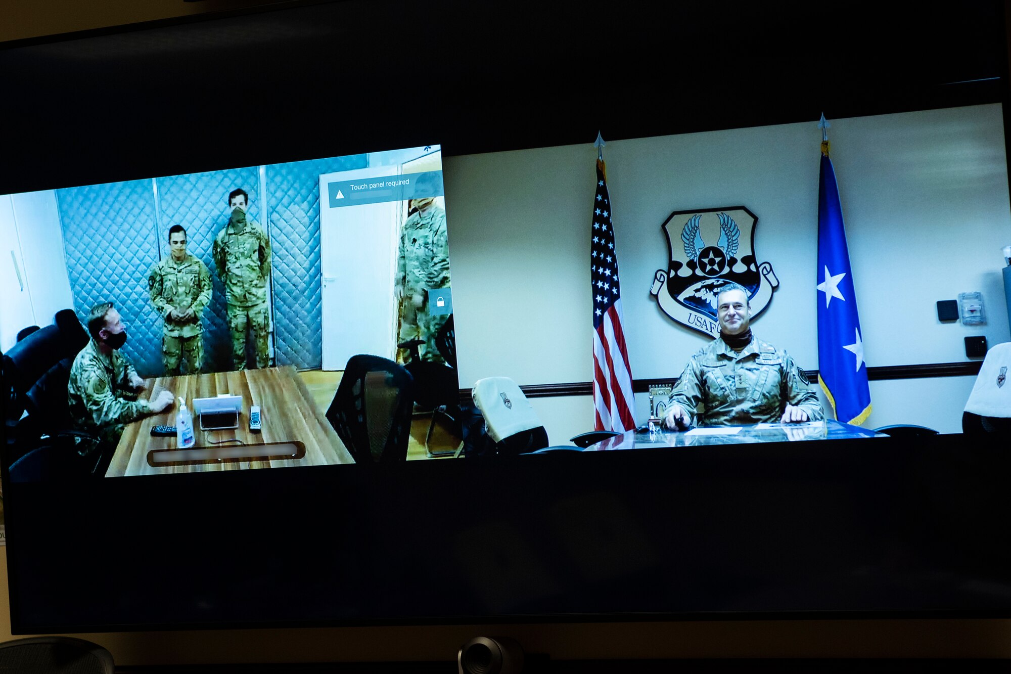 U.S. Air Force Lt. Gen. Joseph Guastella, commander of U.S. Air Forces Central Command, conducts a virtual troop engagement with Airmen deployed to the 332nd Air Expeditionary Wing, at Al Udeid Air Base, Qatar, May 14, 2020.