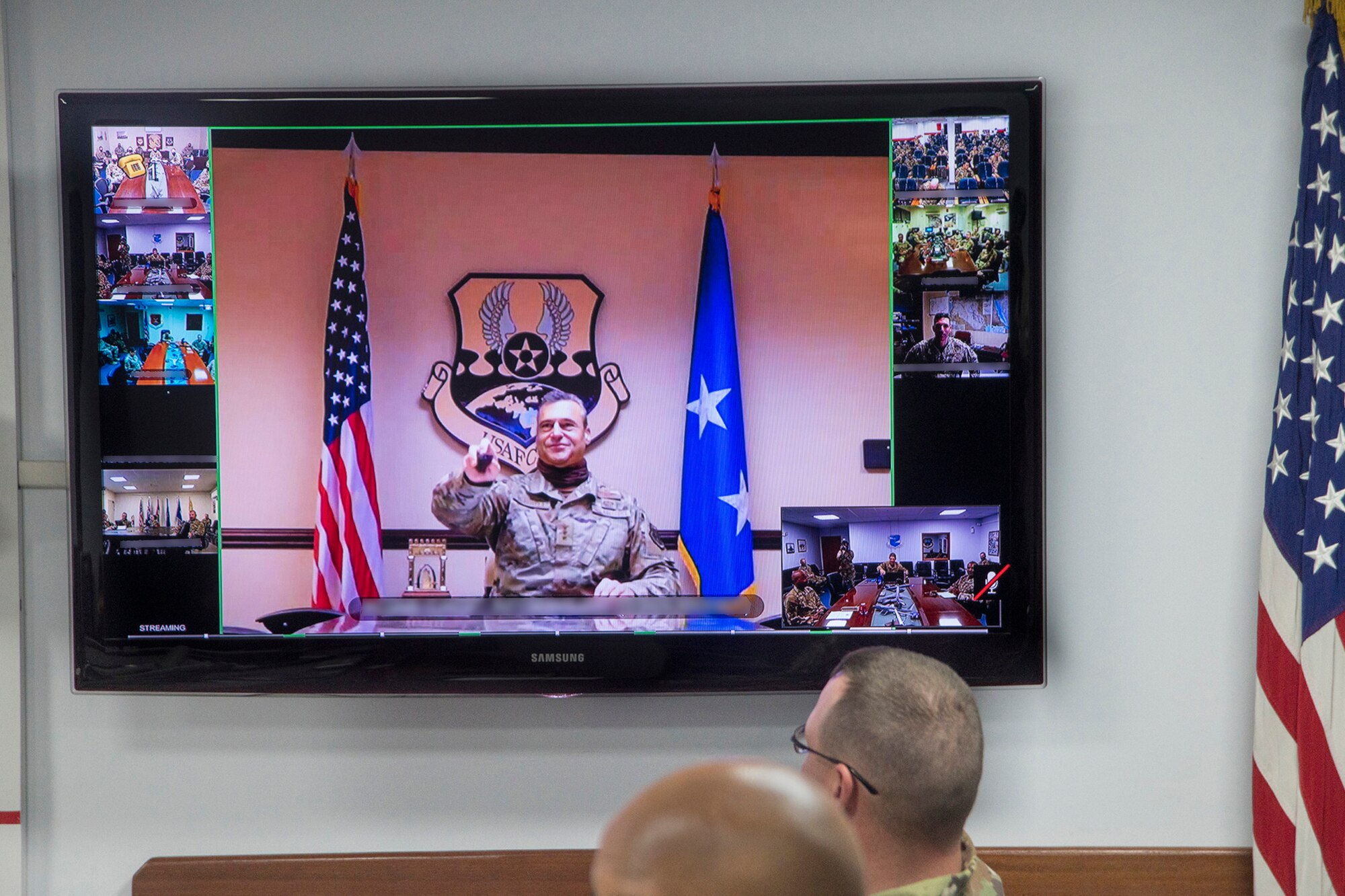 U.S. Air Force Lt. Gen. Joseph Guastella, commander of U.S. Air Forces Central Command, conducts a virtual troop engagement with Airmen deployed to the 380th Air Expeditionary Wing, Al Dhafra Air Base, United Arab Emirates, at Al Udeid AB, Qatar, May. 13, 2020.