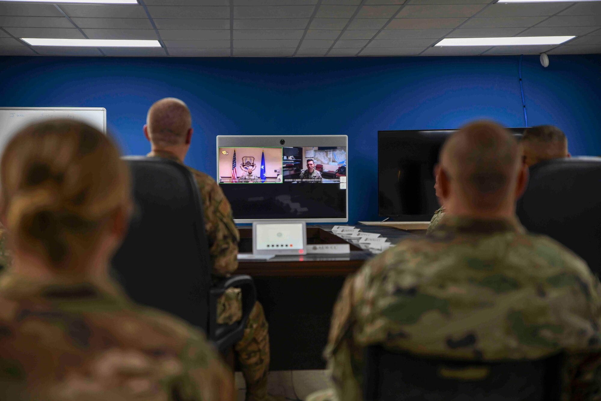 U.S. Air Force Lt. Gen. Joseph Guastella, commander of U.S. Air Forces Central Command, conducts a virtual troop engagement with Airmen deployed to the 378th Air Expeditionary Wing, Prince Sultan Air Base, Kingdom of Saudi Arabia, at Al Udeid AB, Qatar, May. 14, 2020.