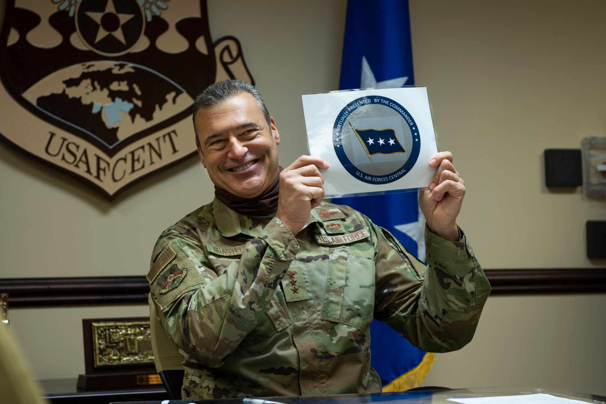 U.S. Air Force Lt. Gen. Joseph Guastella, commander of U.S. Air Forces Central Command, conducts a virtual troop engagement with Airmen deployed to the 378th Air Expeditionary Wing, Prince Sultan Air Base, Kingdom of Saudi Arabia, at Al Udeid AB, Qatar, May. 14, 2020.
