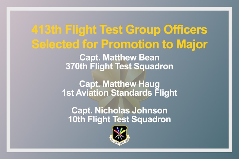 Air Force Reserve leaders released the results of the CY20 AFR Line and Nonline Major Promotion Selection Boards May 15, 2020. Congratulations to Capt. Matthew Bean, 370th Flight Test Squadron, Capt. Matthew Haug, 1st Aviation Standards Flight, and Capt. Nicholas Johnson, 10th Flight Test Squadron, for being named and earning their next ranks. (U.S. Air Force graphic by Jamal D. Sutter)