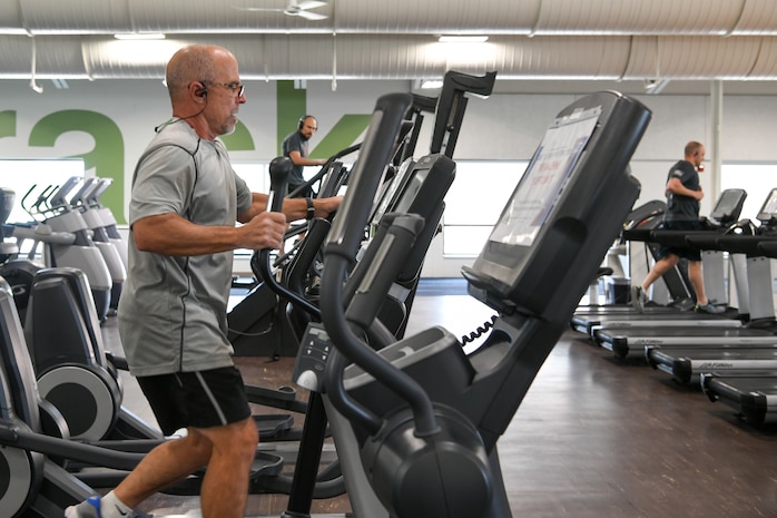 Patrons utilize cardio machines May 20, 2020 at the Warrior Fitness and Wellness Center located at Hill Air Force Base, Utah. The base gym reopened recently in a limited capacity to only servicemembers and civilian employees. Patrons also must wear masks at all times except when performing cardio. (U.S. Air Force photo by Cynthia Griggs)