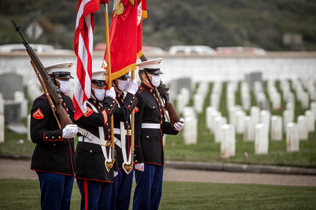 The Marine Corps Recruit Depot, San Diego Color Guard participates in an annual Memorial Day Ceremony at Fort Rosecrans National Cemetery, May 25.