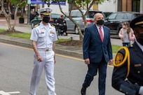 Mayor Rowe and Capt. Torkelson march in the procession as part of the City of Portsmouth's Memorial Day Observance.