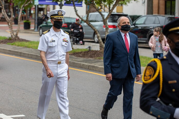 Mayor Rowe and Capt. Torkelson march in the procession as part of the City of Portsmouth's Memorial Day Observance.