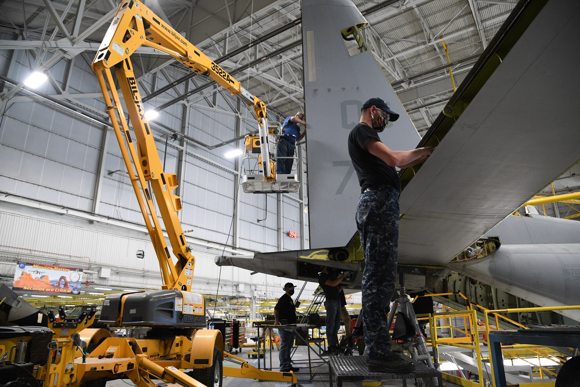 A 309th Aircraft Maintenance Group crew perform depot maintenance on a C-130 at Hill Air Force Base, Utah, May 8, 2020. Comprised of seven maintenance squadrons and more than 2,000 personnel, the 309th AMXG performs depot maintenance, repair and overhaul on A-10, C-130, F-16, F-22, F-35 and T-38 airframes. (U.S. Air Force photo by R. Nial Bradshaw)