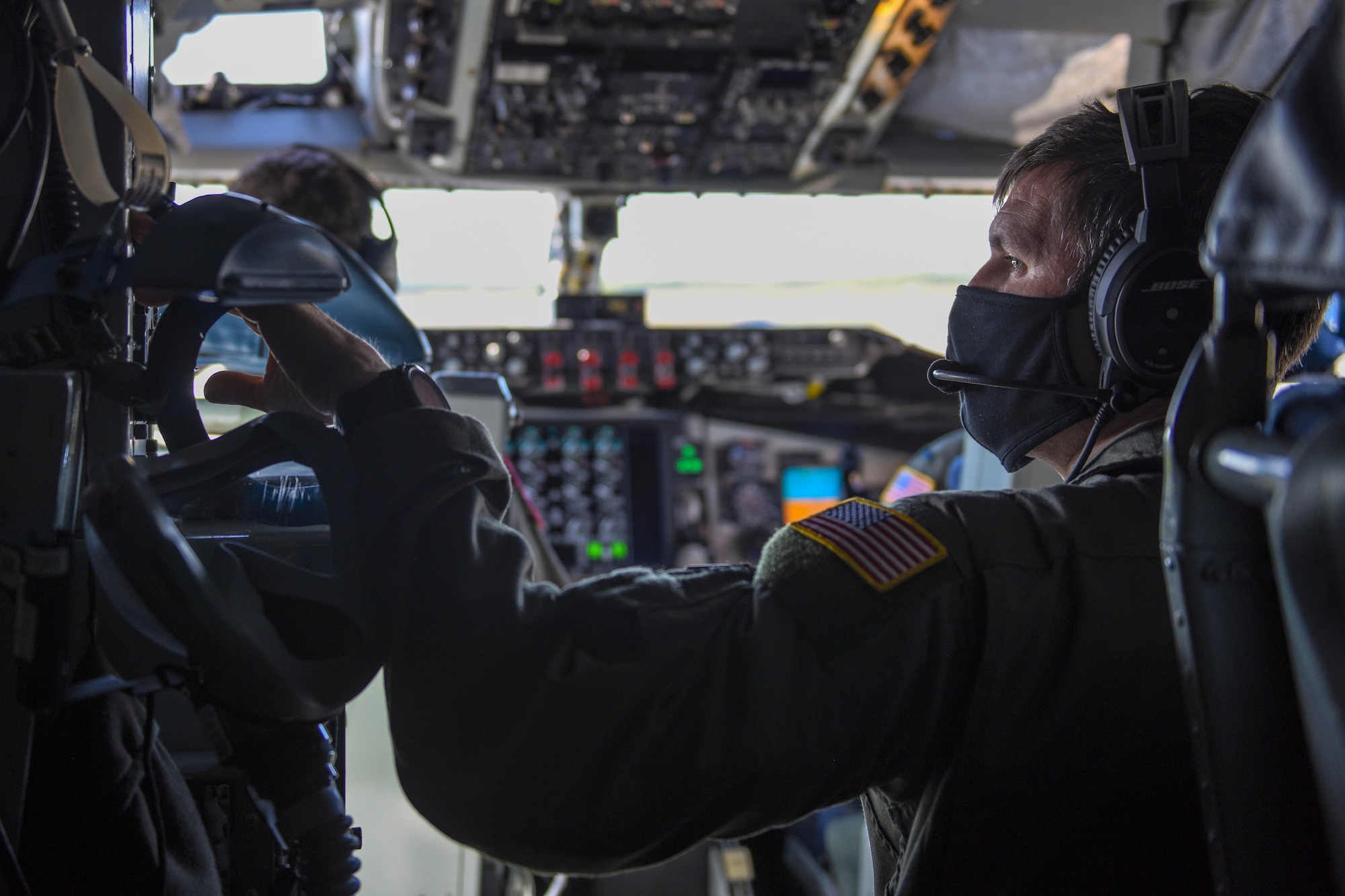 U.S. Air Force Senior Master Sgt. Ryan Clauss, a 93rd Air Refueling Squadron instructor boom operator, prepares for take off at Eielson Air Force Base, Alaska, May 21, 2020. During the flight, Clauss refueled a B-1B Lancer to support a long-range, long-duration Bomber Task Force mission over Alaska and near Japan. In Alaska, the B-1s were joined by F-22s and F-16s out of the 3rd Wing at Joint Base Elmendorf-Richardson, to conduct a large force employment exercise in the Joint Pacific Alaska Range Complex. (U.S. Air Force photo by Airman 1st Class Aaron Larue Guerrisky)