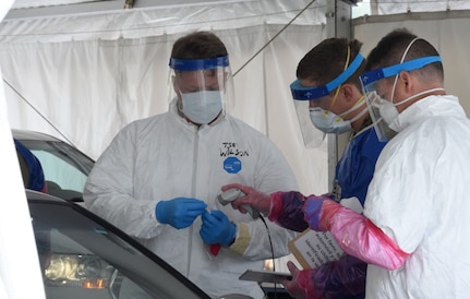 132d Medical Group Airmen with the Iowa National Guard conducted COVID-19 screening May 14, 2020, at a Joint Mobile Screening Center in Denison, Iowa. The Airmen worked with Army National Guard Soldiers to test Iowans in Crawford County.