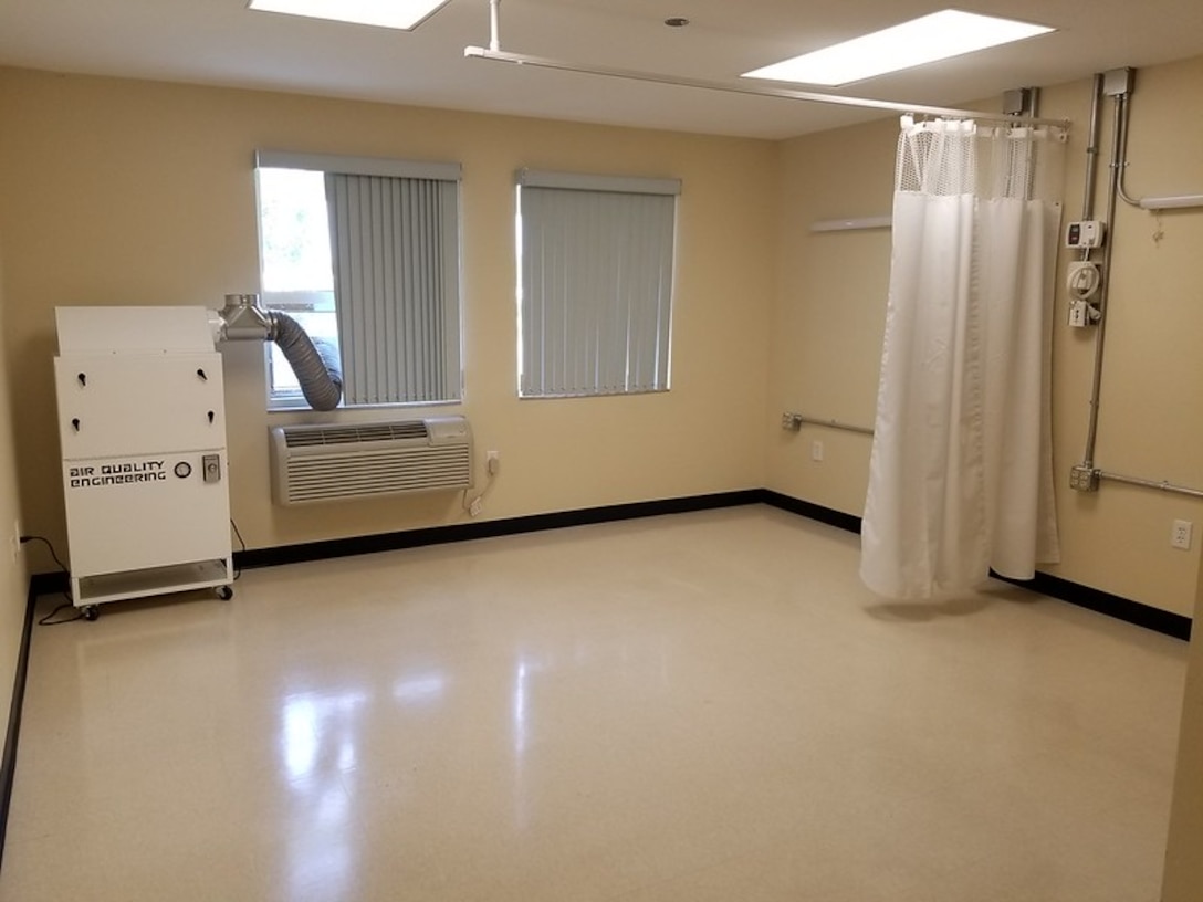 This is a view of the completed rooms inside the USVI Army National Guard Regional Training Institute, which was converted into an alternate care facility for COVID-19 patients on St. Croix Island. Each room holds two patients. -U.S. Army photo by Alex Cubbage