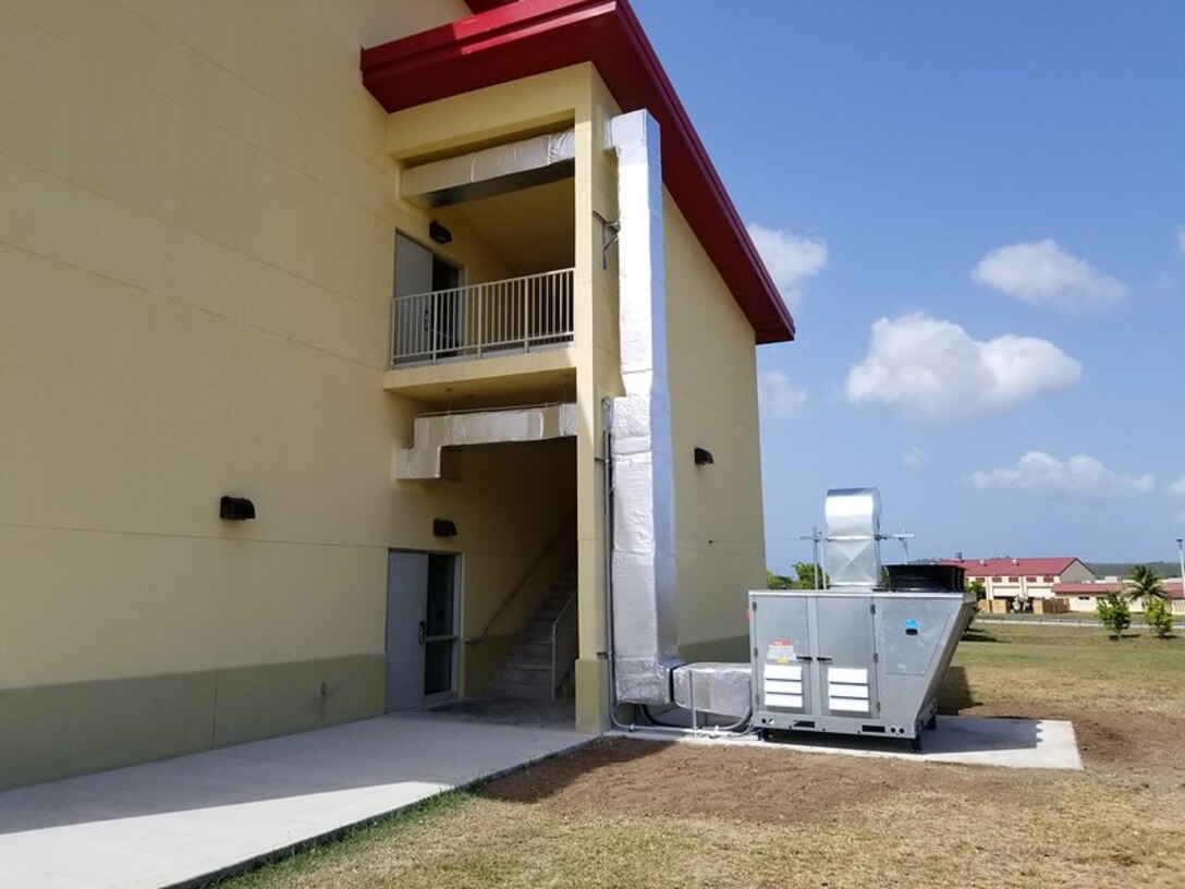 This image shows a dedicated outdoor air system (DOAS) installed for this project. The new system supplies 100% outside air to the patient rooms. Typical HVAC systems use supply and return ductwork which is not ideal when dealing with infectious diseases. So the DOAS supplies all the fresh clean air to the rooms. The new roof top exhaust fans installed along with the HEPA filters units in the patient rooms create the negative pressure. -U.S. Army photo by Alex Cubbage