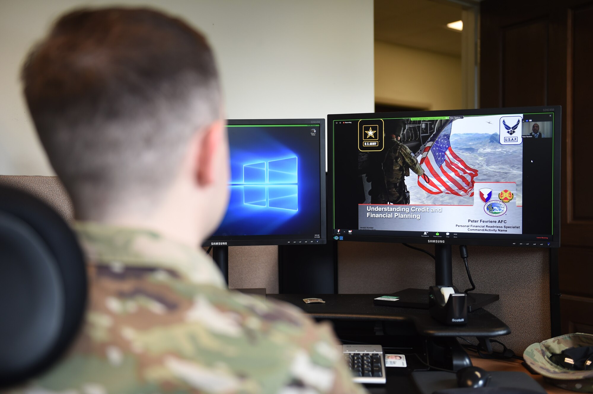 Staff Sgt. Ryan Miller, 62nd Airlift Wing protocol specialist, takes a virtual class during Wingman Day at Joint Base Lewis-McChord, Wash., May 21, 2020.