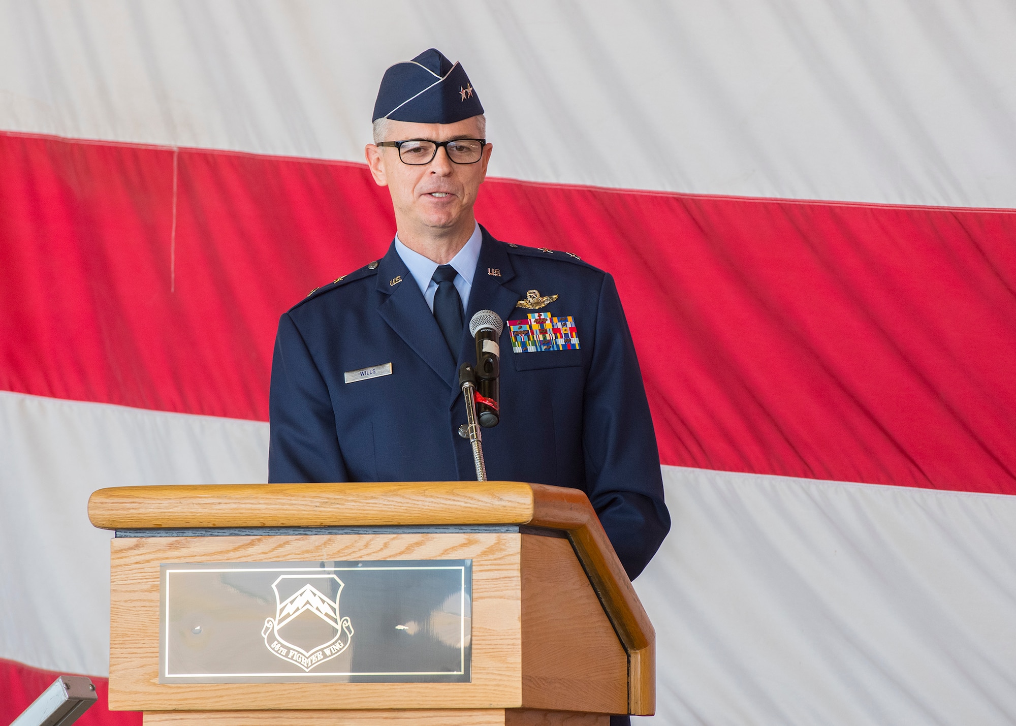 Maj. Gen. Craig Wills, 19th Air Force commander, Joint Base San Antonio-Randolph, Texas, delivers a speech during the 56th Fighter Wing Change of Command ceremony, May 27, 2020, at Luke Air Force Base, Ariz.