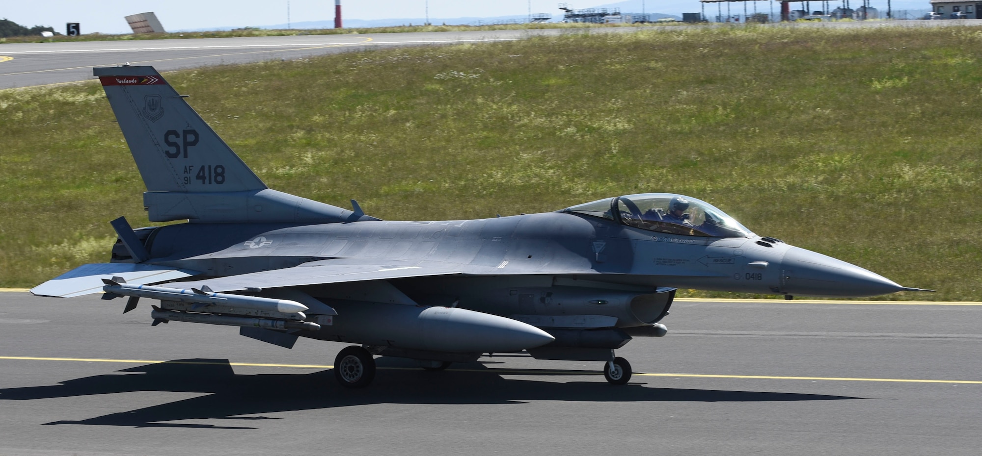 A U.S. Air Force F-16 Fighting Falcon, assigned to the 480th Fighter Squadron, taxis off at Spangdahlem Air Base, Germany, to participate in a large force exercise within the North Sea airspace, U.K., May 27, 2020. The purpose of this LFE was to conduct participating units to conduct training with other U.S Air Forces in Europe units in order to sharpen combat readiness and increase tactical proficiency to maintain a ready force capable of ensuring the collective defense of the NATO alliance. (U.S. Air Force photo by Senior Airman Melody W. Howley)