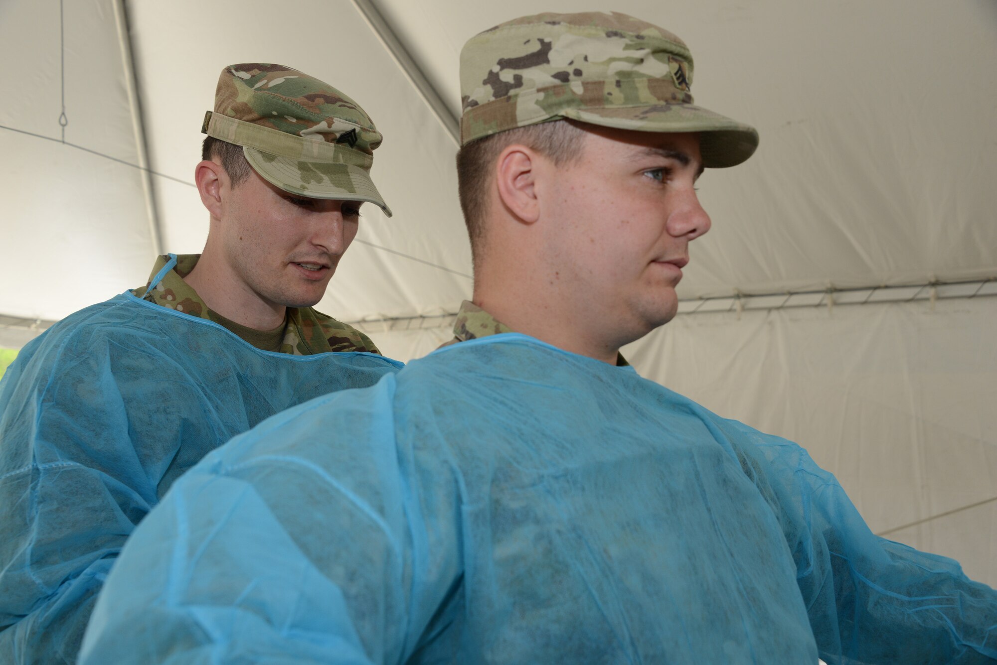 Members of the Iowa Air National Guard provide assistance at the “TestIowa” COVID-19 test site in Sioux Center, Iowa on May 27, 2020.