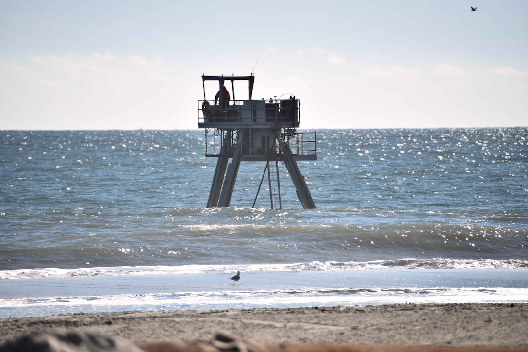 The Coastal Research Amphibious Buggy is used to survey the surf zone during beachfill operations in Ocean City, N.J. in 2017.