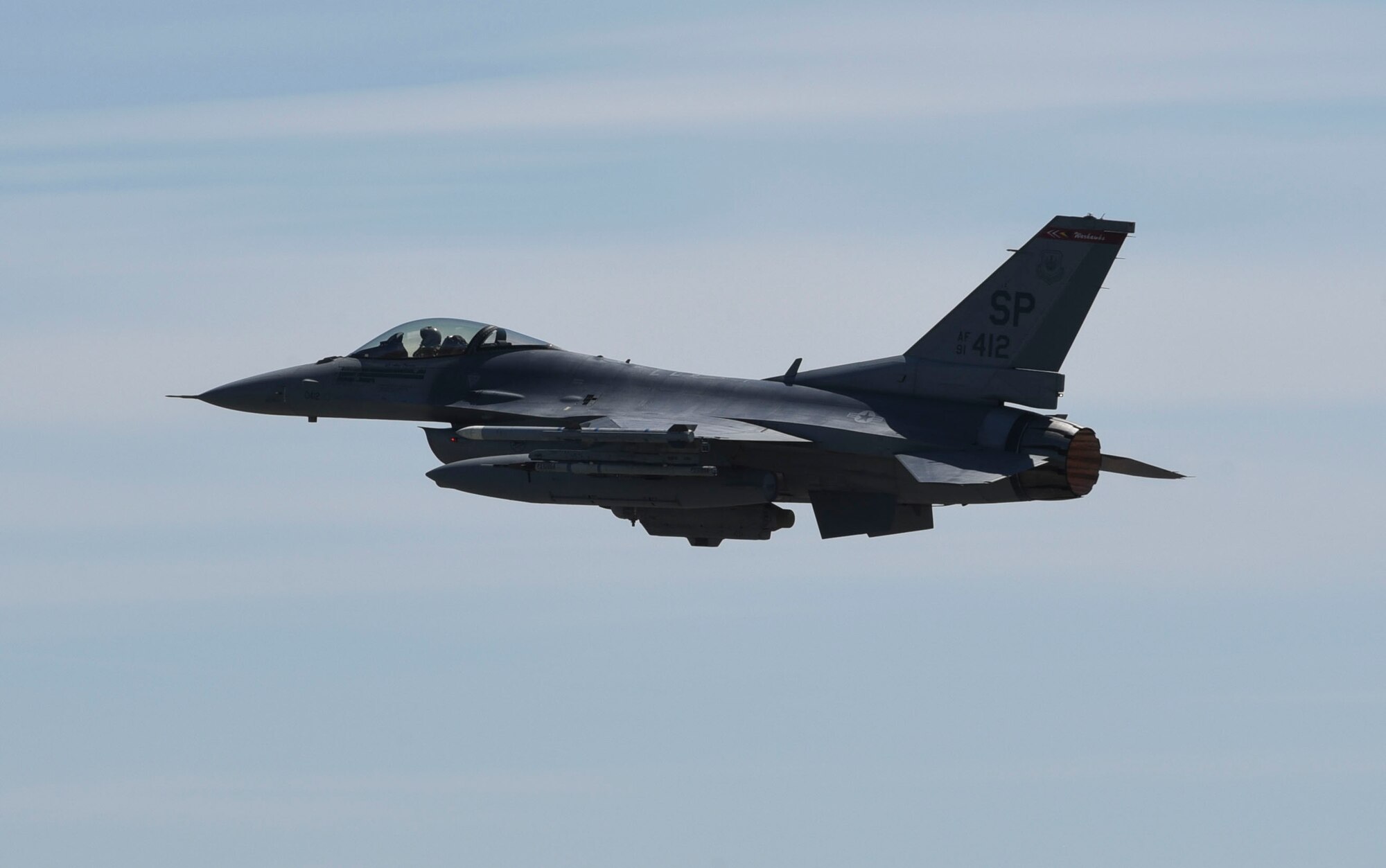A U.S. Air Force F-16 Fighting Falcon, assigned to the 480th Fighter Squadron, flies over Spangdahlem Air Base, Germany, to participate in a large force exercise within the North Sea airspace, U.K., May 27, 2020. These exercises are valuable in ensuring Airmen sharpen their combat readiness and increase tactical proficiency. U.S. Air Forces in Europe-Air Forces Africa Airmen are focused on refining their skillset, despite the current COVID-19 crisis, to ensure continued security today, tomorrow, and every day after. (U.S. Air Force photo by Senior Airman Melody W. Howley)