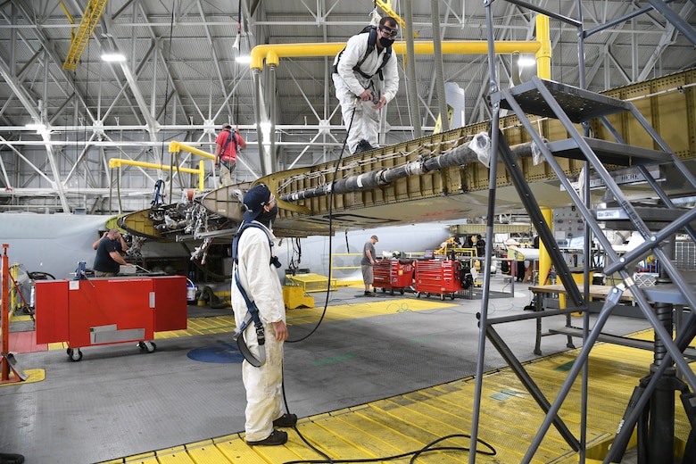 A 309th Aircraft Maintenance Group crew perform depot maintenance on a C-130 at Hill Air Force Base, Utah, May 8, 2020. Comprised of seven maintenance squadrons and more than 2,000 personnel, the 309th AMXG performs depot maintenance, repair and overhaul on A-10, C-130, F-16, F-22, F-35 and T-38 airframes. (U.S. Air Force photo by R. Nial Bradshaw)