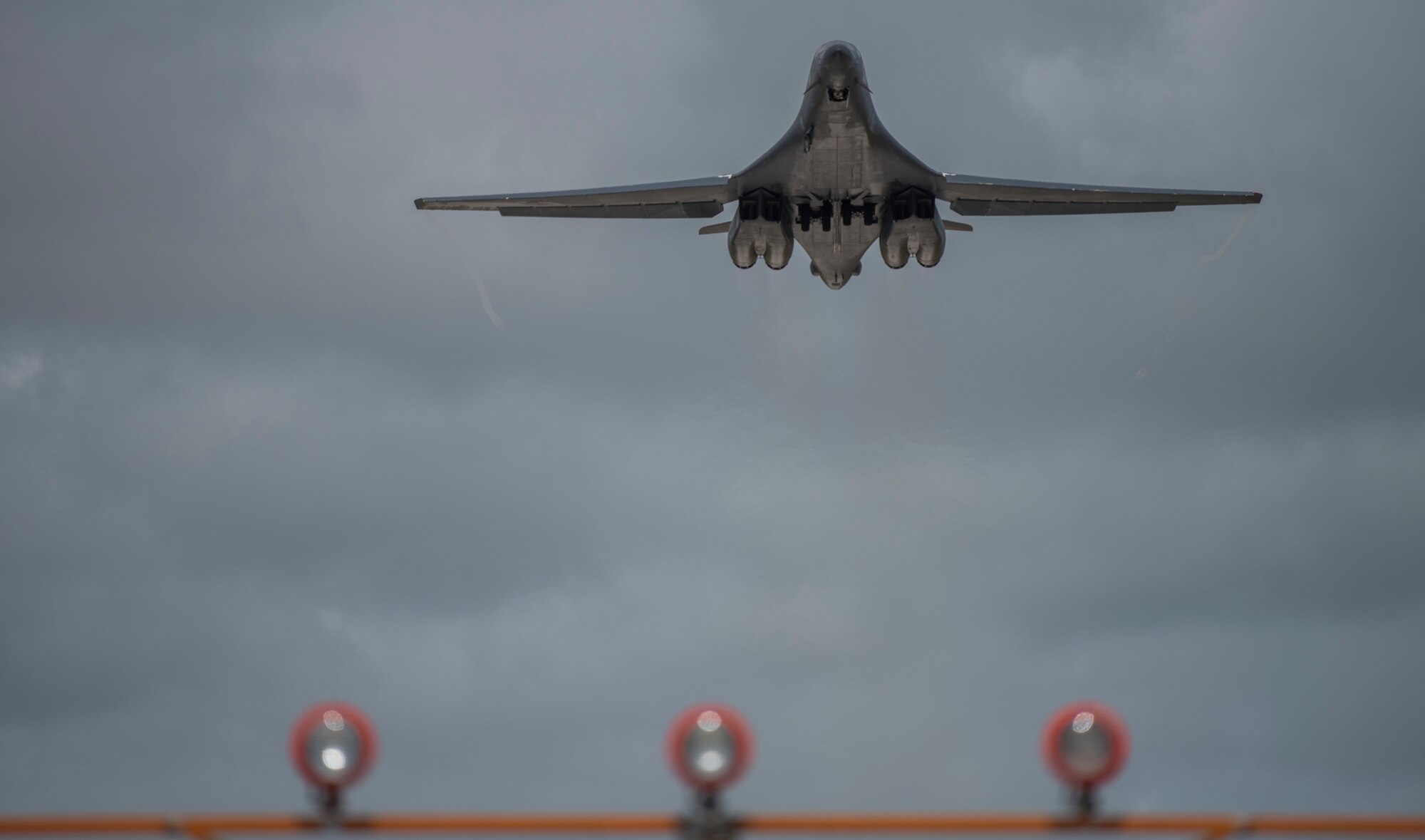 A 9th Expeditionary Bomb Squadron B-1B Lancer takes off from Andersen Air Force Base, Guam, May 27, 2020. In continued demonstration of the U.S. Air Force’s dynamic force employment model, two U.S. Air Force B-1Bs flew from Guam and conducted training in the Sea of Japan with the Koku Jieitai, or Japanese Air Self-Defense Force, as part of a Bomber Task Force mission. BTF supports Pacific Air Forces’ strategic deterrence mission and its commitment to the security and stability of the Indo-Pacific region. (U.S. Air Force photo by Senior Airman River Bruce)