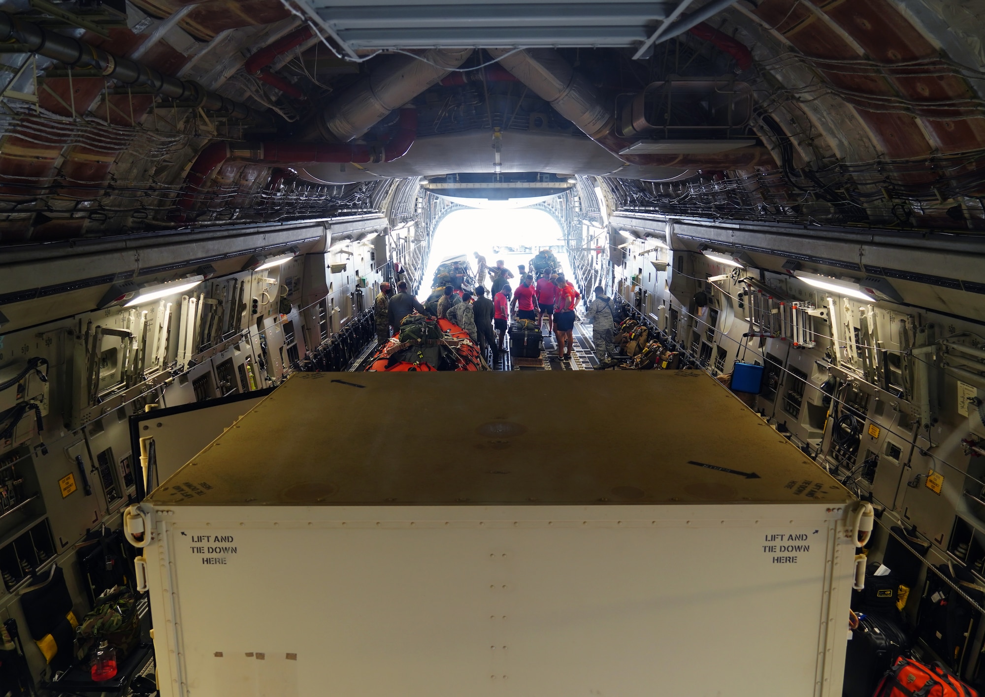 Equipment sits on a C-17 Globemaster III in support of NASA’s SpaceX Demonstration Mission 2 on Joint Base Pearl Harbor-Hickam, Hawaii, May 26, 2020. Several units from Team Hickam assisted the deployment of U.S. Air Force Guardian Angel Pararescue forces from the 58th Rescue Squadron, Nellis Air Force Base, Nevada, part of Task Force 45, facilitated by 45th Operations Group, Detachment 3, Human Space Flight Support located at Patrick Air Force Base, Florida. (U.S. Air Force photo by Airman 1st Class Erin Baxter)