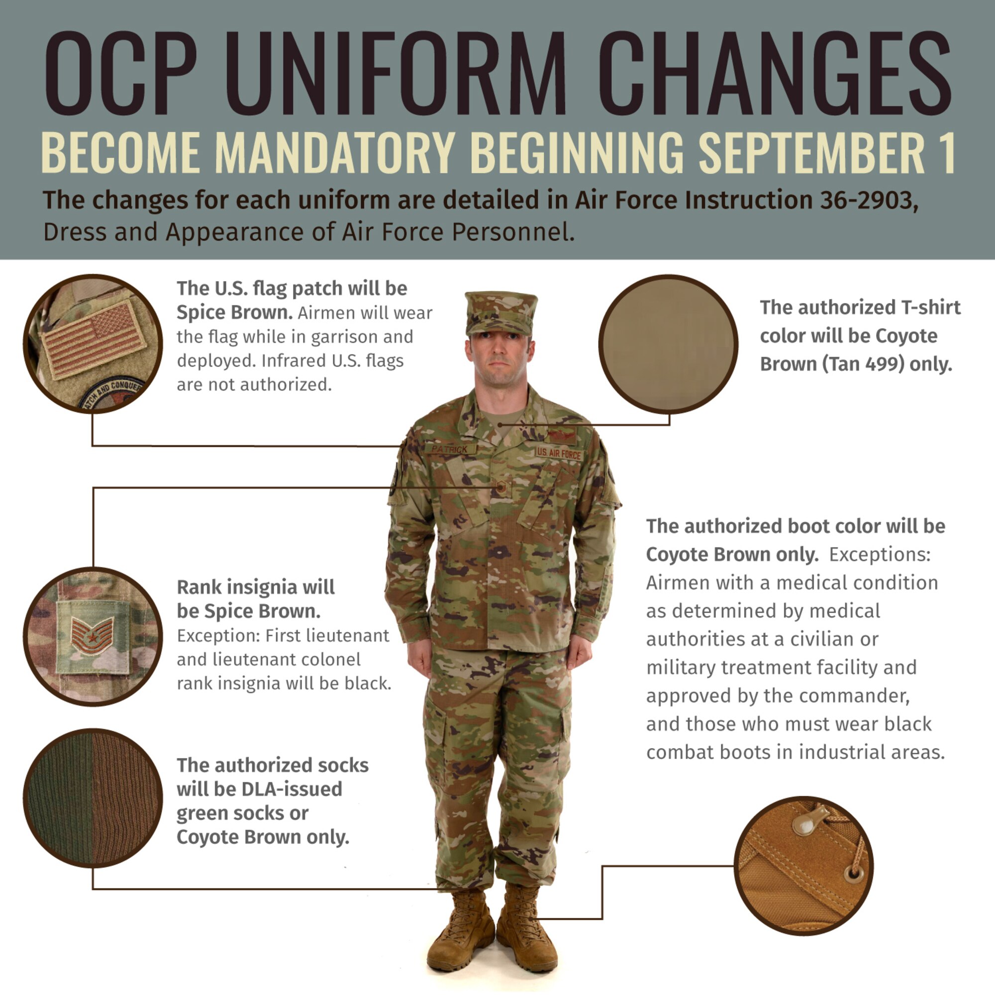 A graphic showing the Operational Camouflage Pattern Uniform, and the changes necessary by Sept. 1st.