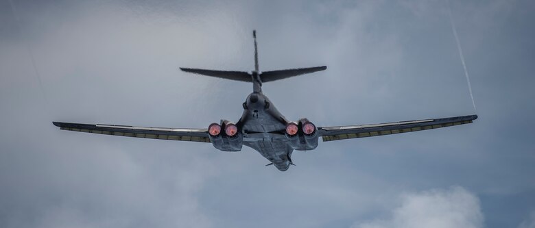 A 9th Expeditionary Bomb Squadron B-1B Lancer takes off from Andersen Air Force Base, Guam, May 27, 2020. In continued demonstration of the U.S. Air Force’s dynamic force employment model, two U.S. Air Force B-1Bs flew from Guam and conducted training in the Sea of Japan with the Koku Jieitai, or Japanese Air Self-Defense Force, as part of a Bomber Task Force mission. BTF supports Pacific Air Forces’ strategic deterrence mission and its commitment to the security and stability of the Indo-Pacific region. (U.S. Air Force photo by Senior Airman River Bruce)