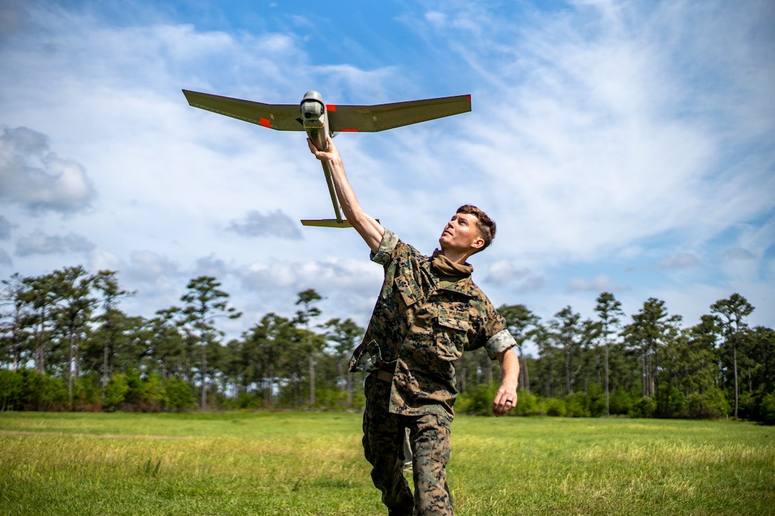 U.S. Marines train with an RQ-11B Raven during an operator course at Camp Lejeune, N.C., April 27.