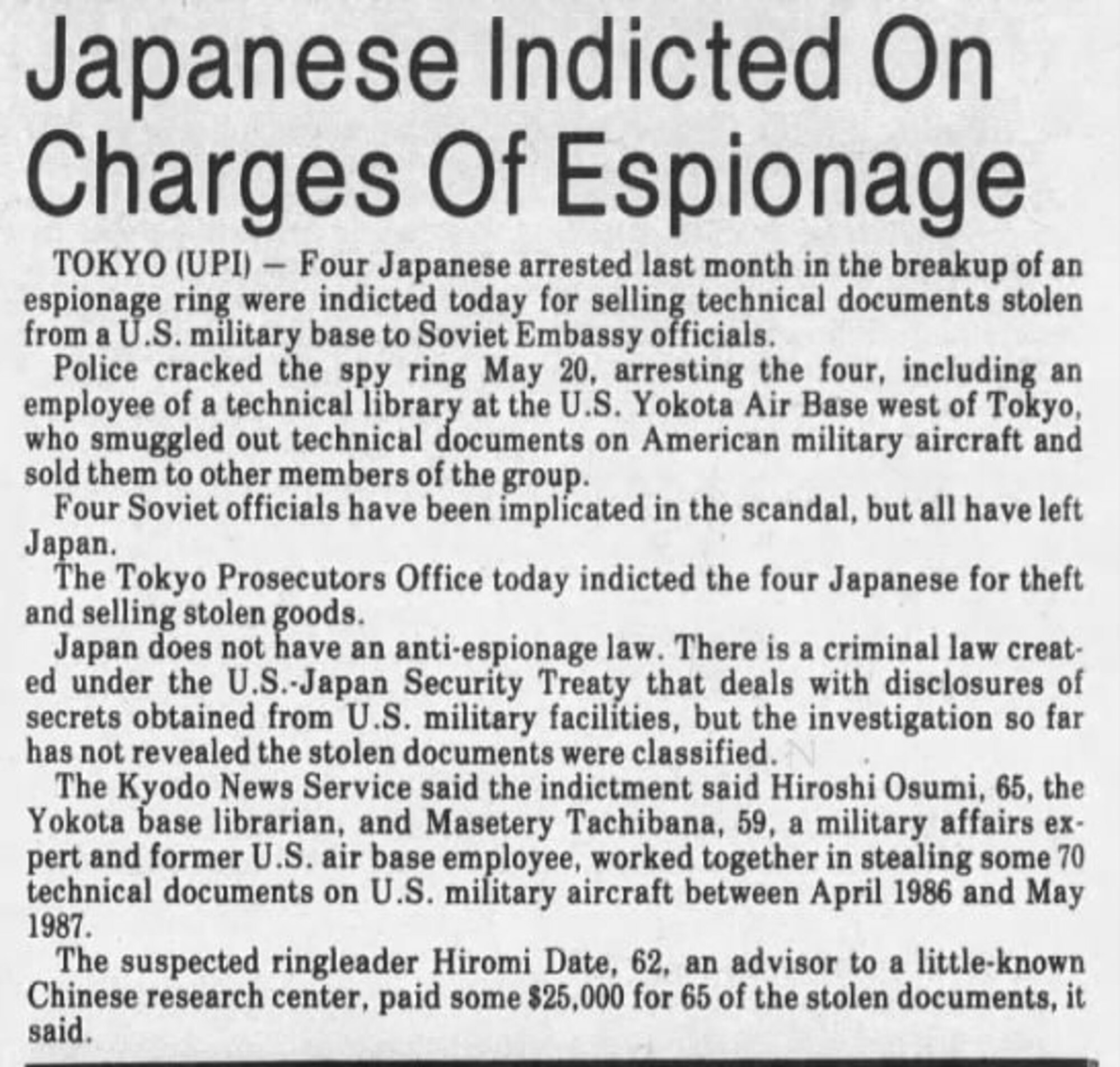 A June 10, 1987, newspaper article covering the espionage ring in Japan targeting U.S. military documents. (Photo courtesy Tyler-Courier Times)