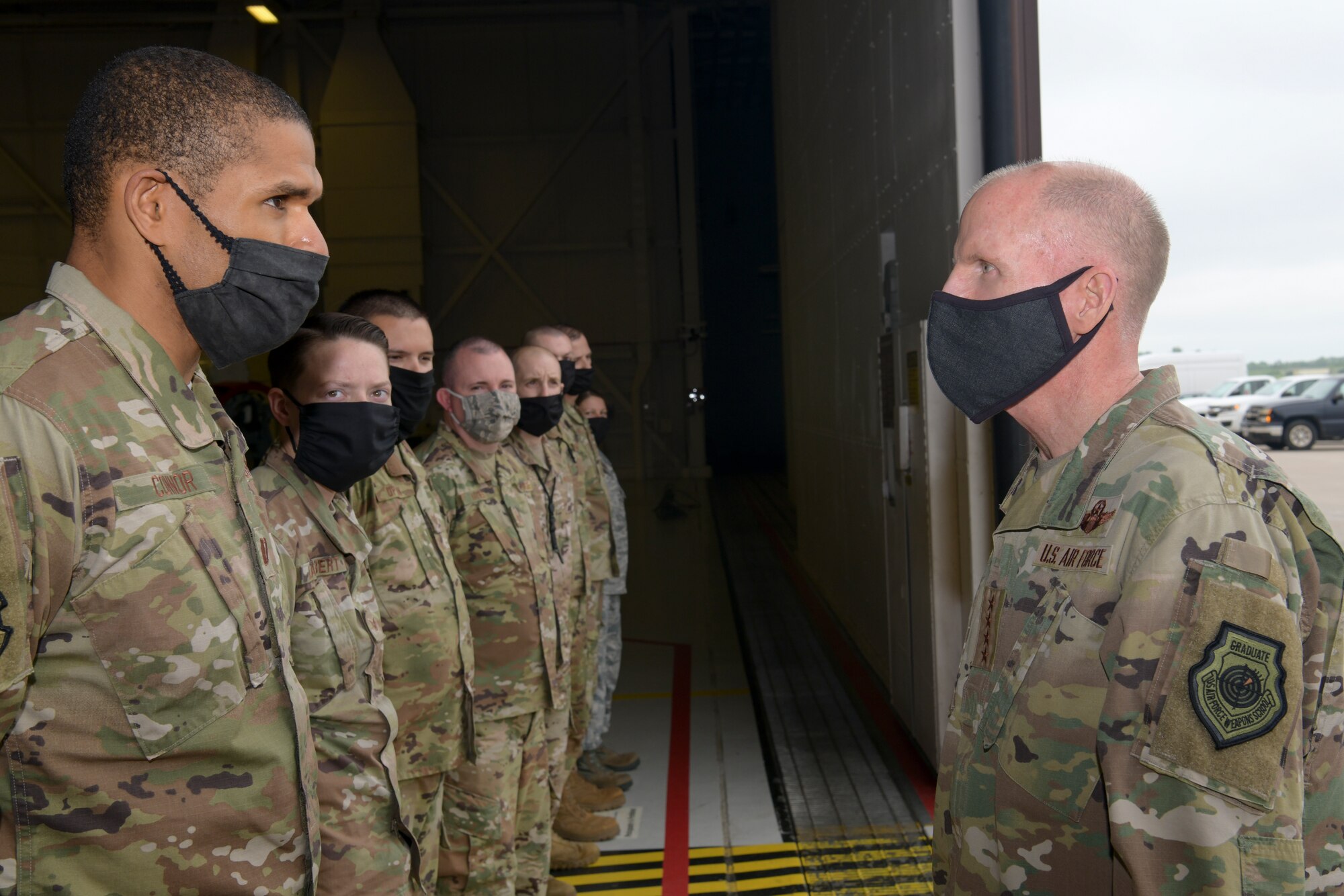 Vice Chief of Staff of the Air Force Gen. Stephen W. Wilson speaks with 509th and 131st Bomb Wing maintenance personnel.