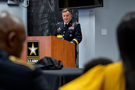 Brig. Gen. Mark S. Bennett, U.S. Army Financial Management Command commanding general, delivers his parting words to Command Sgt. Maj. Courtney M. Ross, USAFMCOM senior enlisted advisor, and his wife, Jessica, during Ross’ retirement ceremony at the Maj. Gen. Emmett J. Bean Federal Center in Indianapolis May 15, 2020. Ross retired after more than 24 years of military service. (U.S. Army photo by Mark R. W. Orders-Woempner)